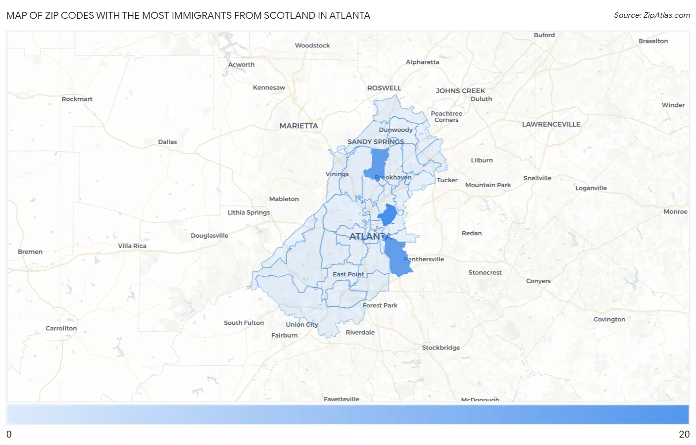 Zip Codes with the Most Immigrants from Scotland in Atlanta Map