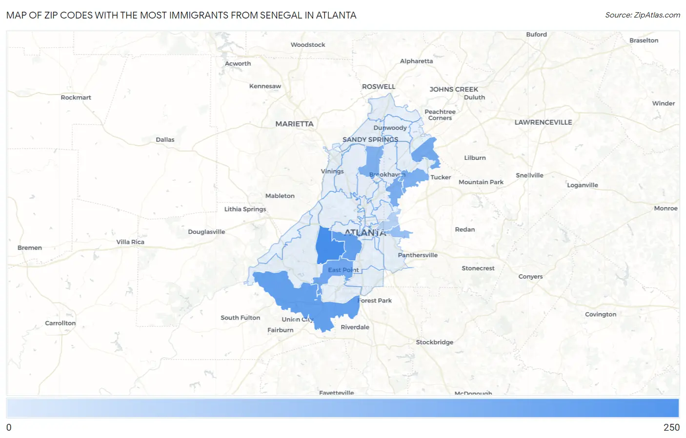 Zip Codes with the Most Immigrants from Senegal in Atlanta Map