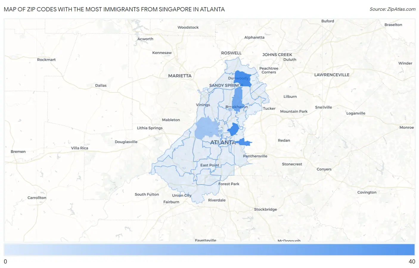 Zip Codes with the Most Immigrants from Singapore in Atlanta Map