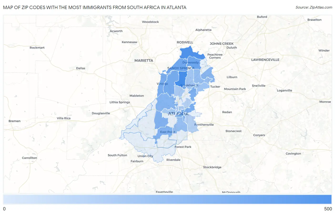 Zip Codes with the Most Immigrants from South Africa in Atlanta Map