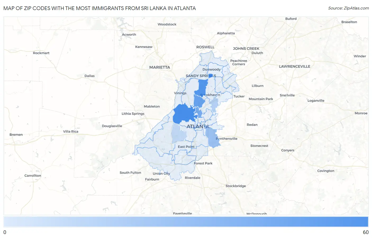 Zip Codes with the Most Immigrants from Sri Lanka in Atlanta Map