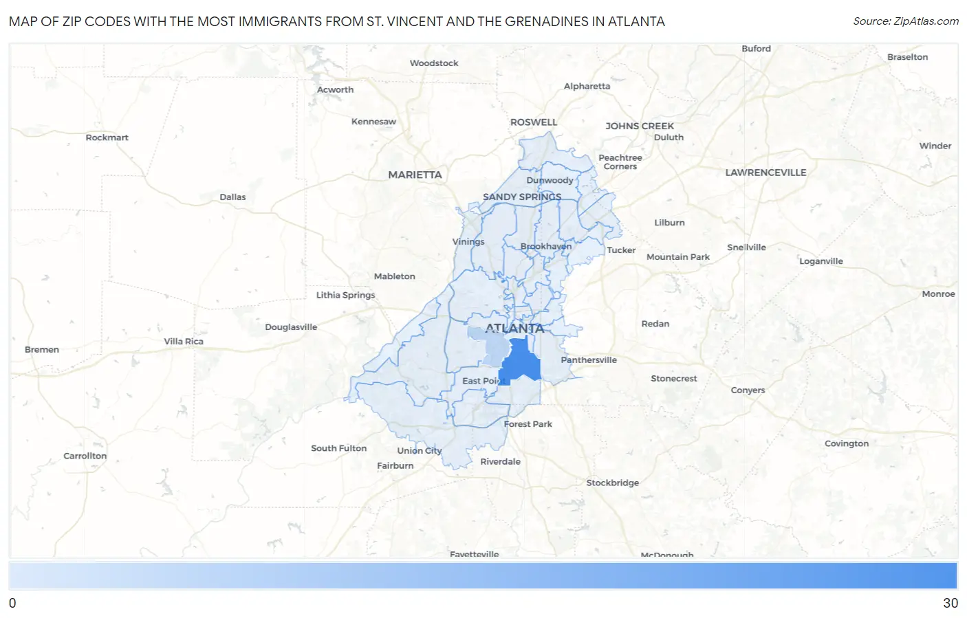Zip Codes with the Most Immigrants from St. Vincent and the Grenadines in Atlanta Map