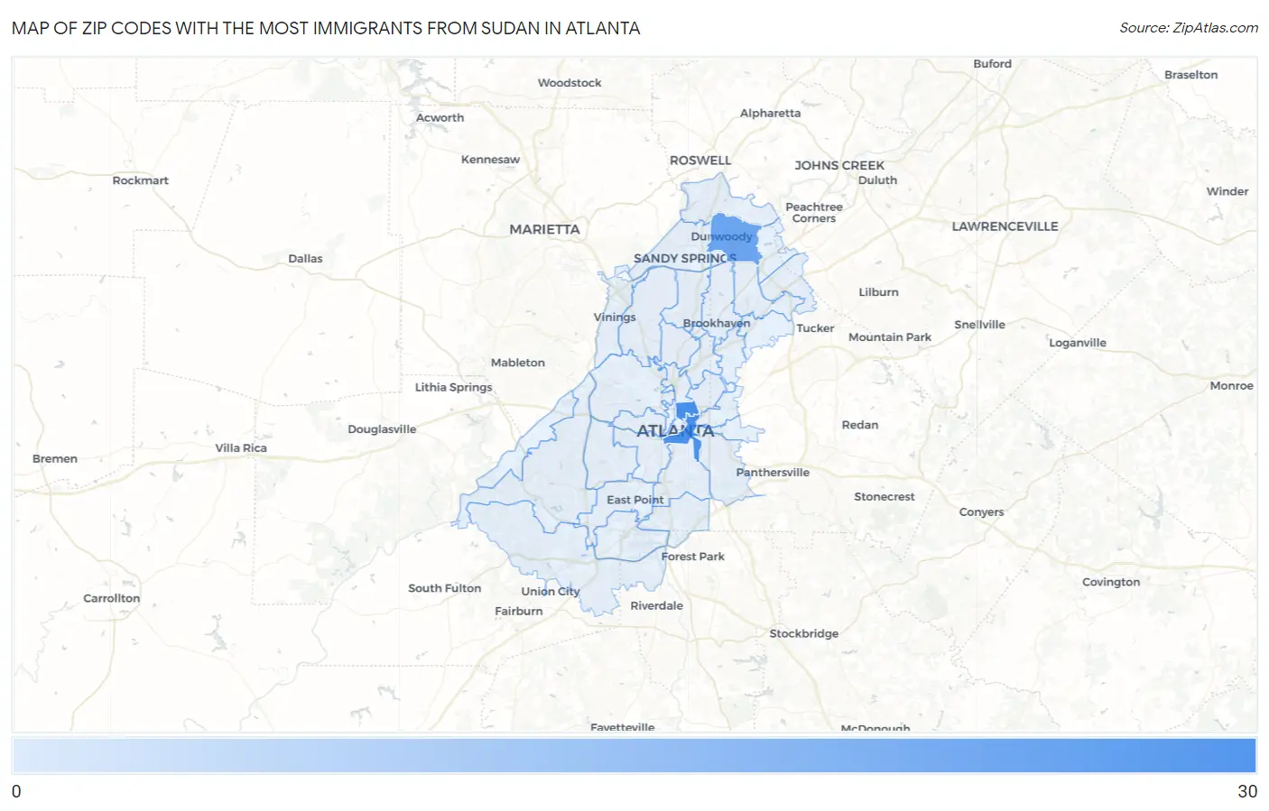 Zip Codes with the Most Immigrants from Sudan in Atlanta Map