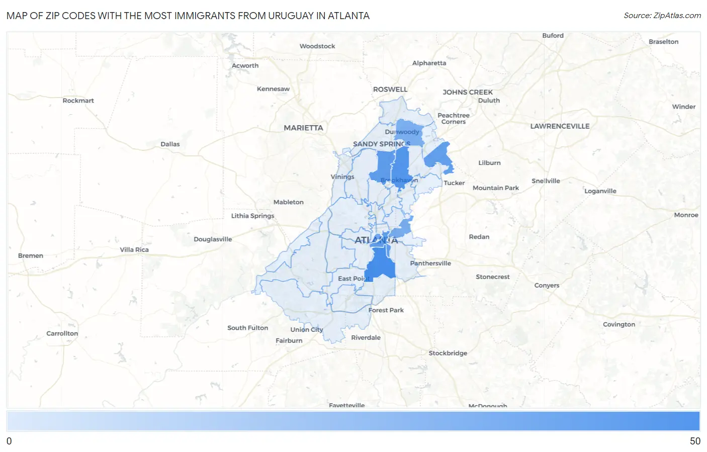 Zip Codes with the Most Immigrants from Uruguay in Atlanta Map