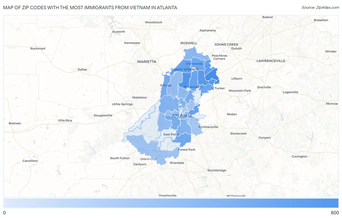 Zip Codes with the Most Immigrants from Vietnam in Atlanta Map