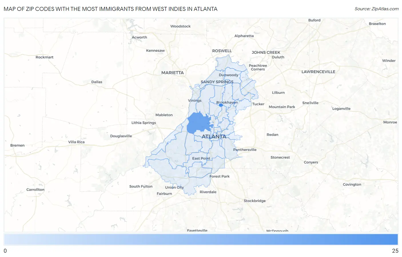 Zip Codes with the Most Immigrants from West Indies in Atlanta Map