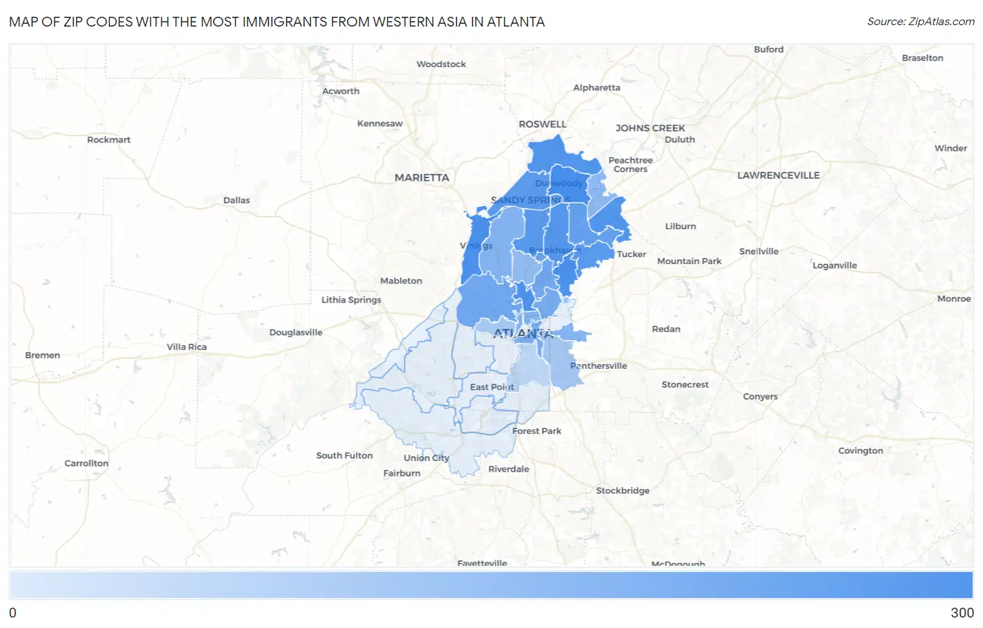 Zip Codes with the Most Immigrants from Western Asia in Atlanta Map