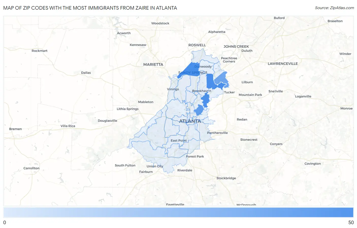 Zip Codes with the Most Immigrants from Zaire in Atlanta Map