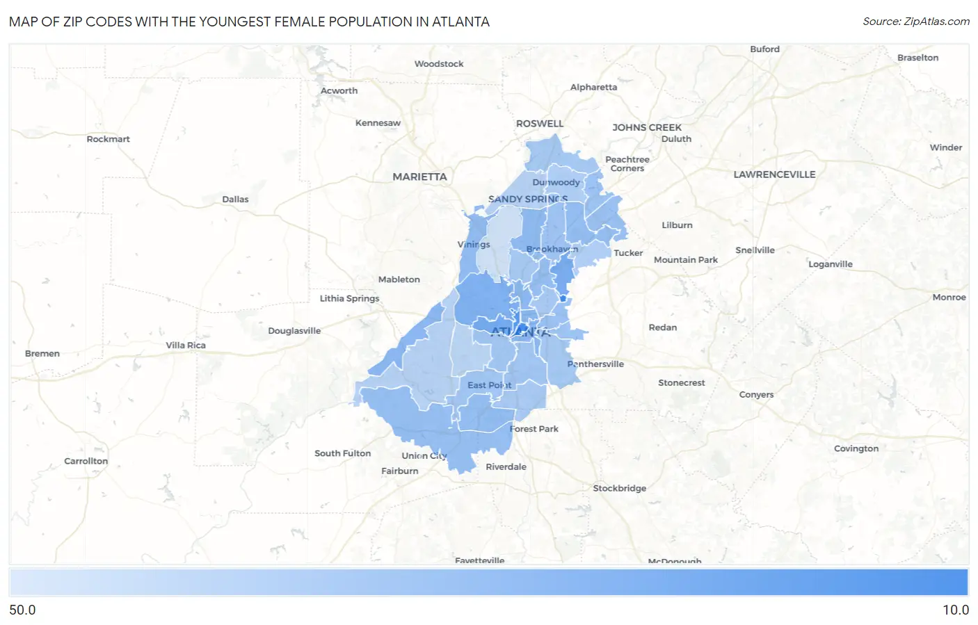 Zip Codes with the Youngest Female Population in Atlanta Map