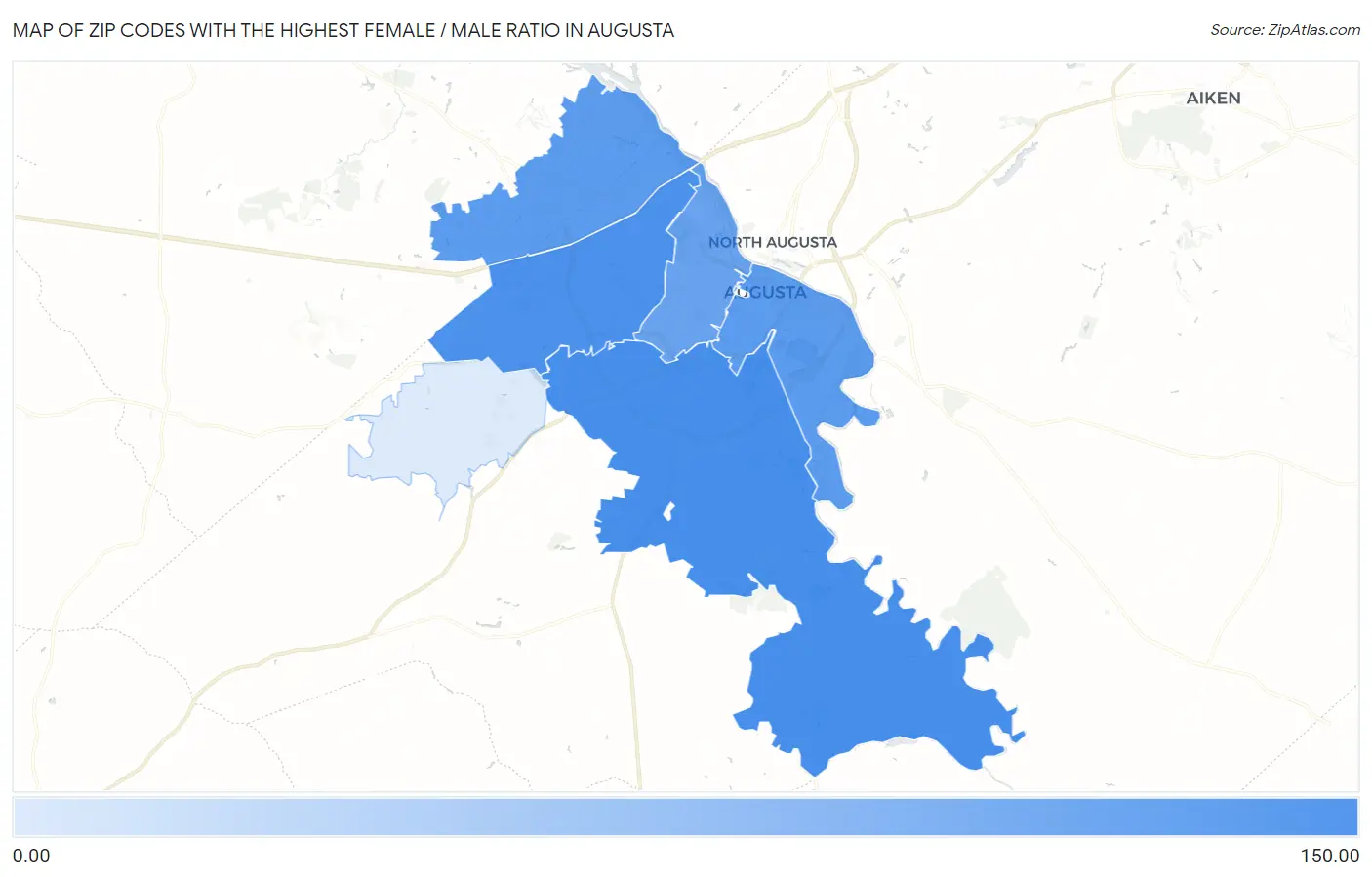 Zip Codes with the Highest Female / Male Ratio in Augusta Map
