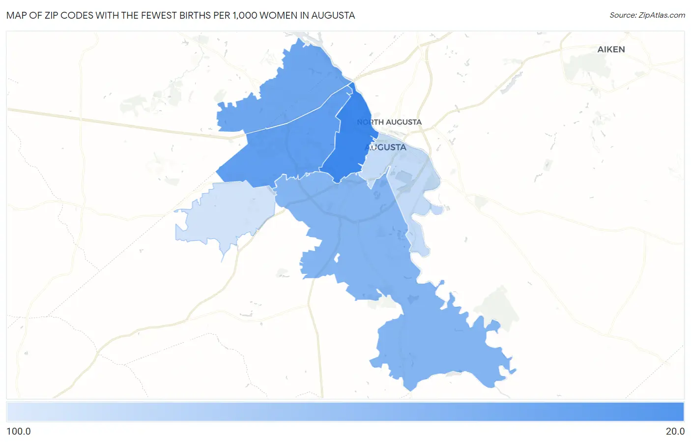 Zip Codes with the Fewest Births per 1,000 Women in Augusta Map