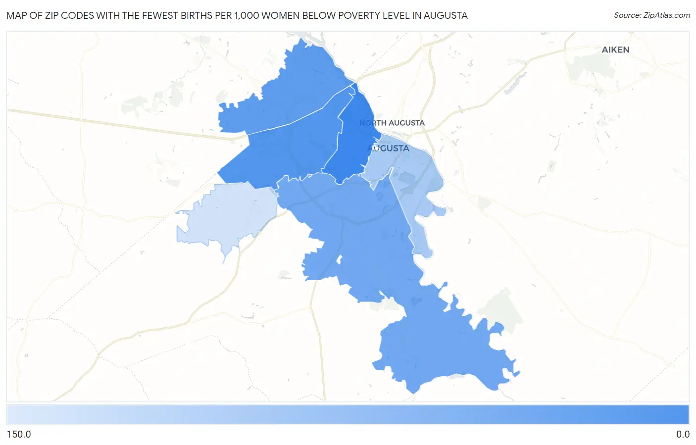 Zip Codes with the Fewest Births per 1,000 Women Below Poverty Level in Augusta Map
