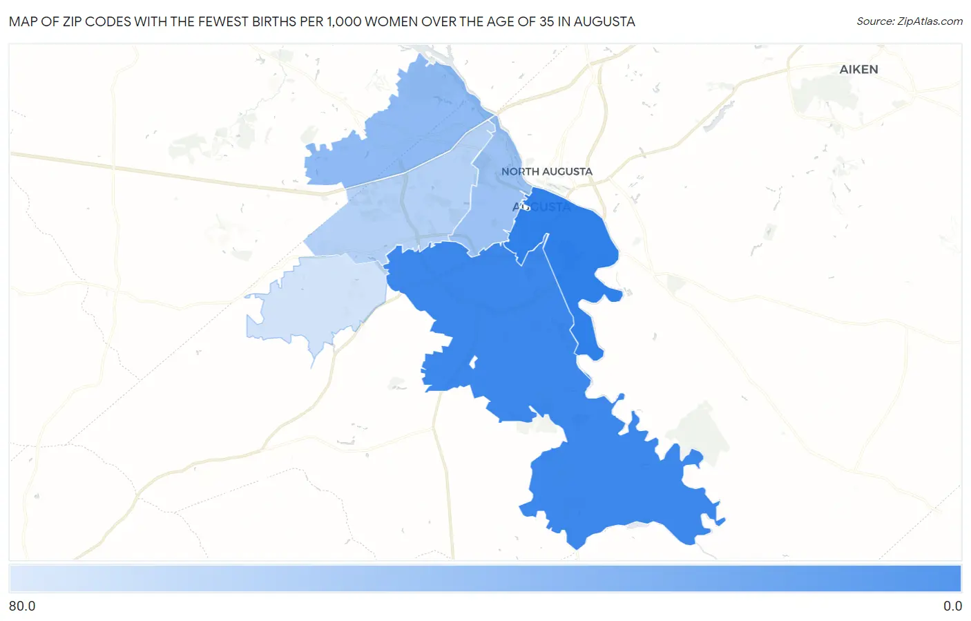 Zip Codes with the Fewest Births per 1,000 Women Over the Age of 35 in Augusta Map