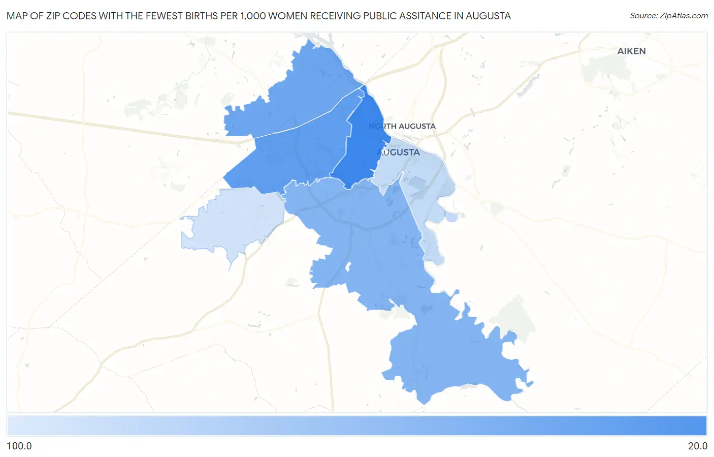 Zip Codes with the Fewest Births per 1,000 Women Receiving Public Assitance in Augusta Map