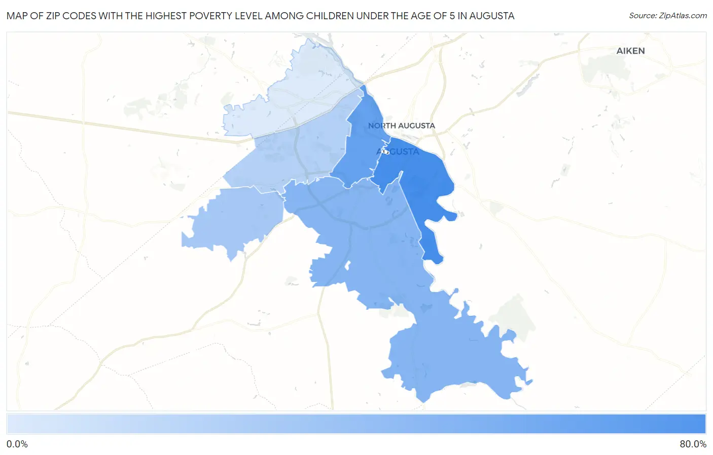 Zip Codes with the Highest Poverty Level Among Children Under the Age of 5 in Augusta Map