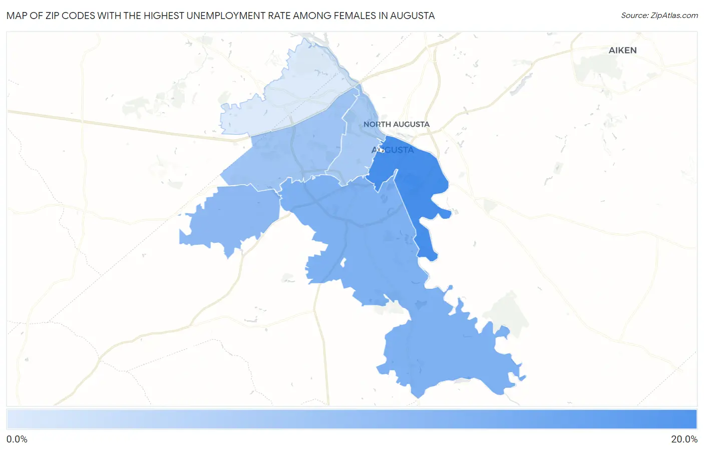 Zip Codes with the Highest Unemployment Rate Among Females in Augusta Map
