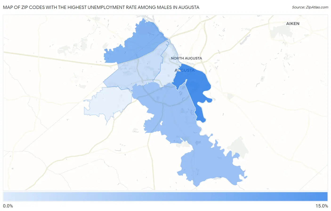 Zip Codes with the Highest Unemployment Rate Among Males in Augusta Map