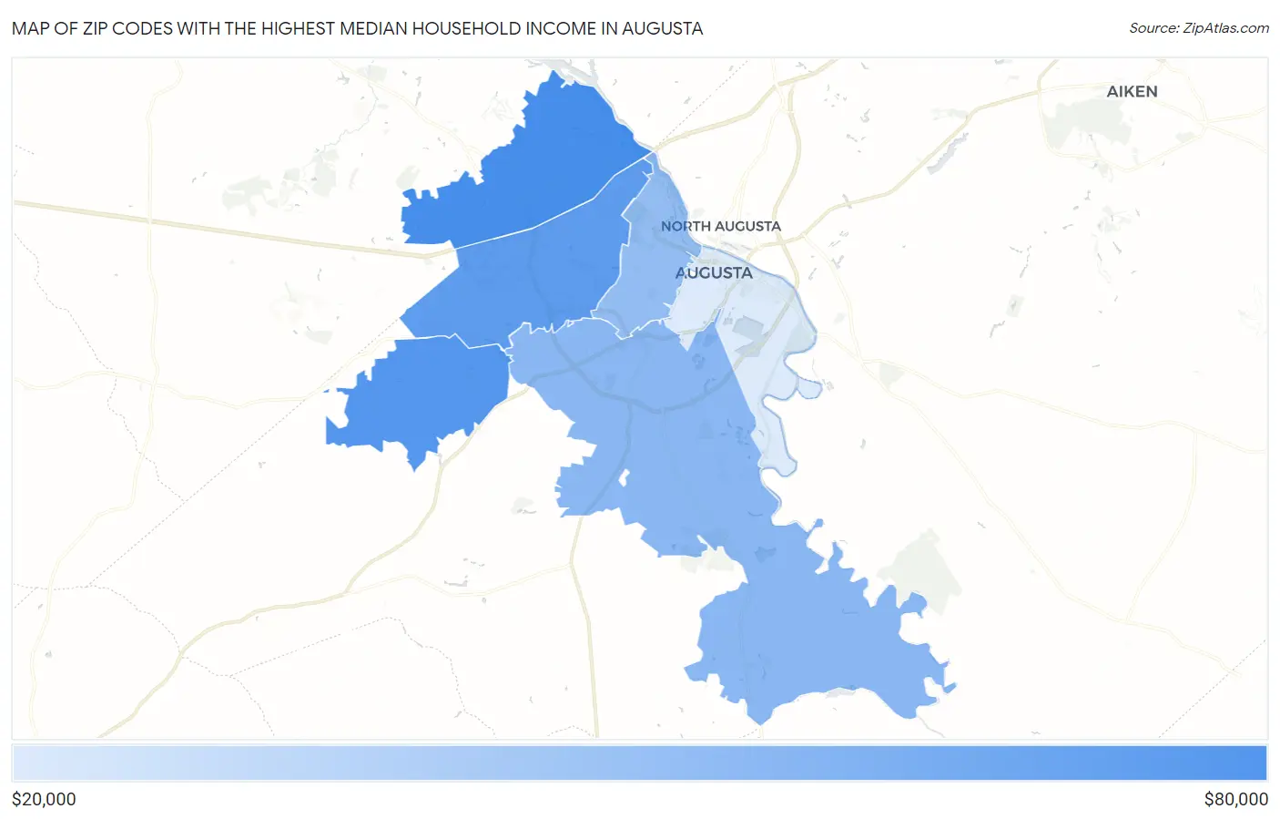 Zip Codes with the Highest Median Household Income in Augusta Map