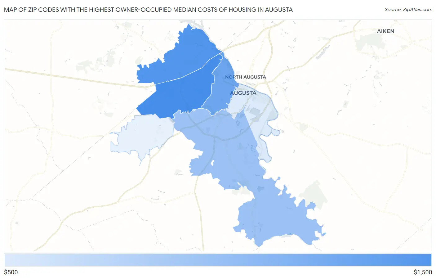 Zip Codes with the Highest Owner-Occupied Median Costs of Housing in Augusta Map