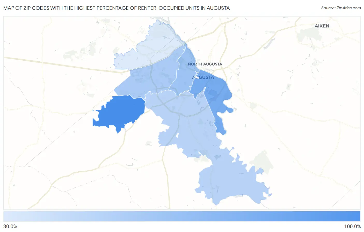 Zip Codes with the Highest Percentage of Renter-Occupied Units in Augusta Map