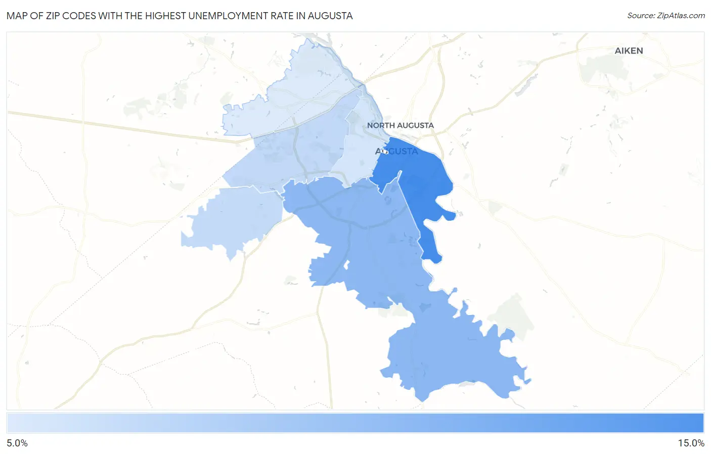Zip Codes with the Highest Unemployment Rate in Augusta Map