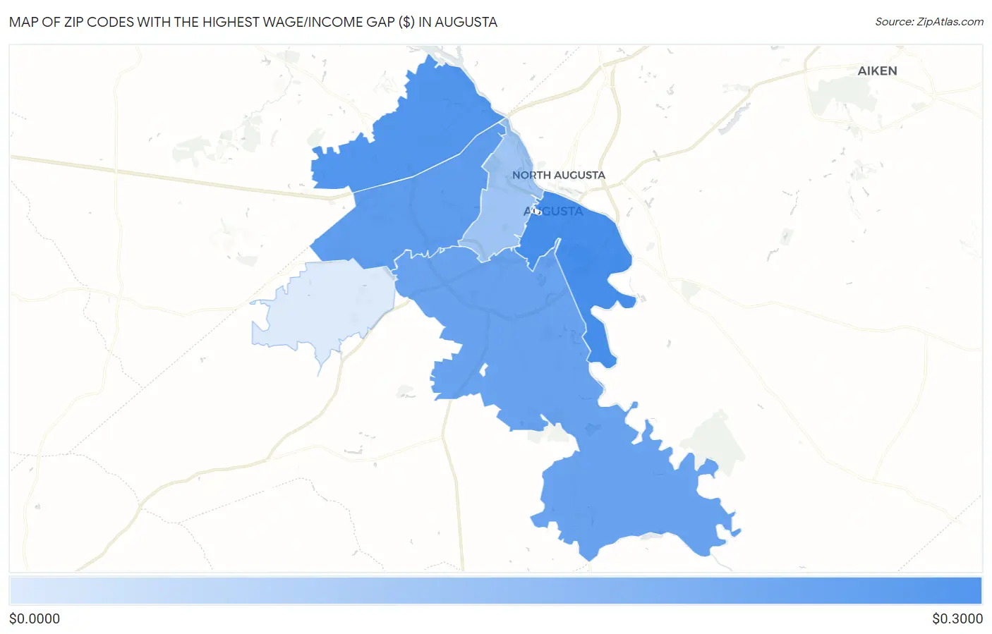 Zip Codes with the Highest Wage/Income Gap ($) in Augusta Map
