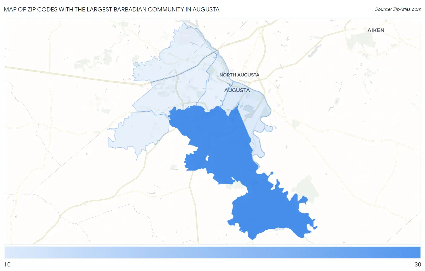 Zip Codes with the Largest Barbadian Community in Augusta Map
