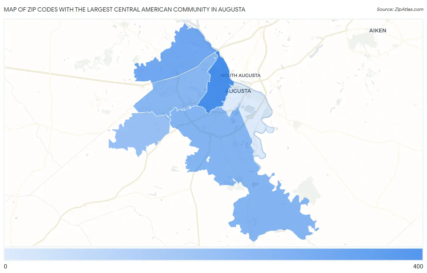 Zip Codes with the Largest Central American Community in Augusta Map