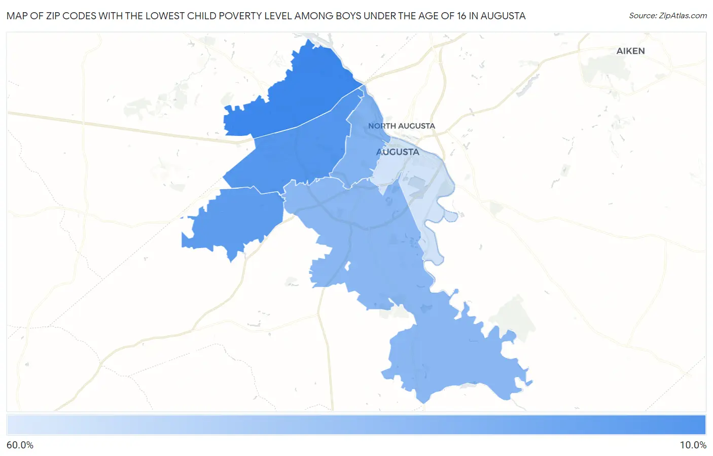 Zip Codes with the Lowest Child Poverty Level Among Boys Under the Age of 16 in Augusta Map