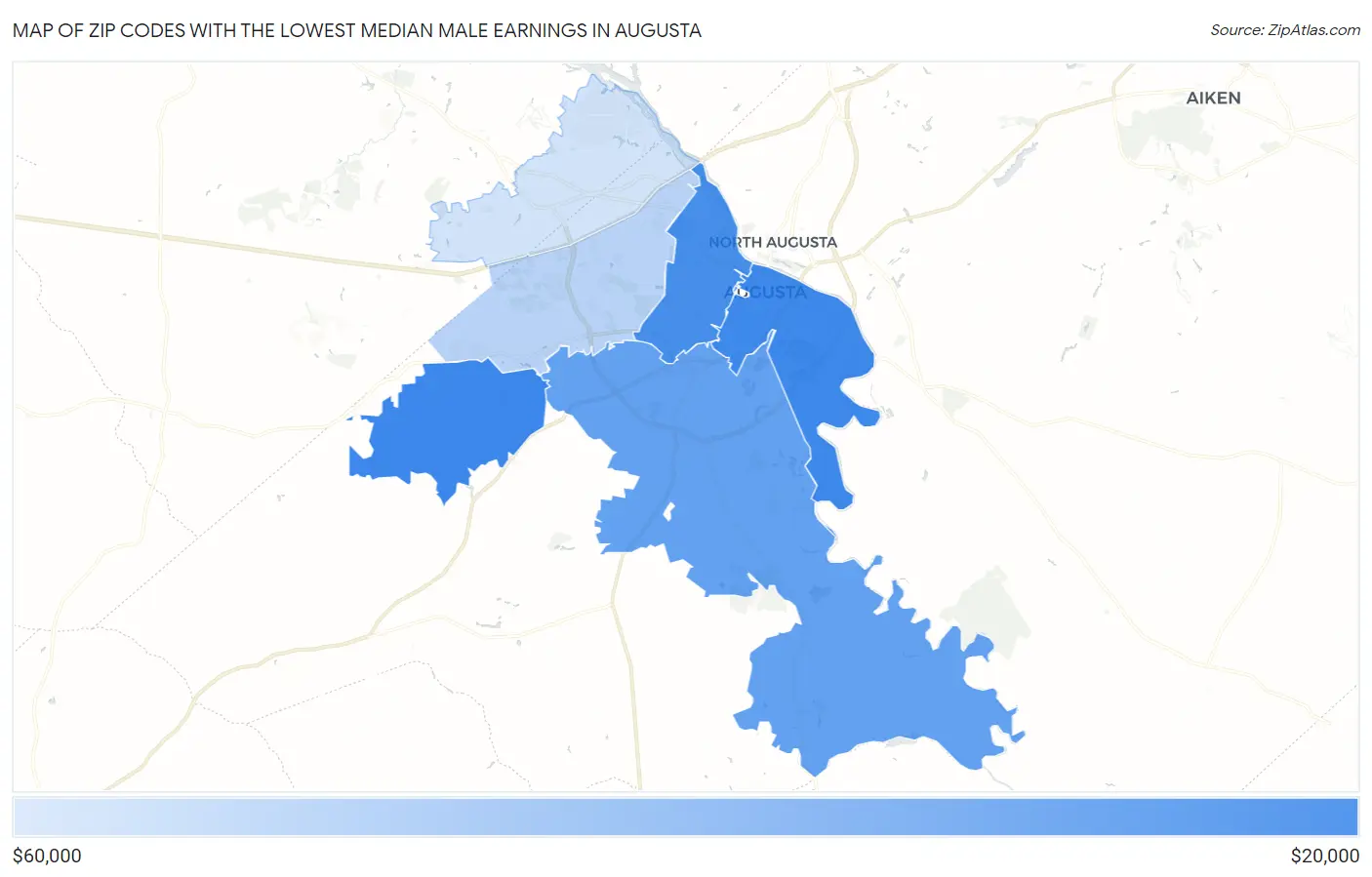 Zip Codes with the Lowest Median Male Earnings in Augusta Map