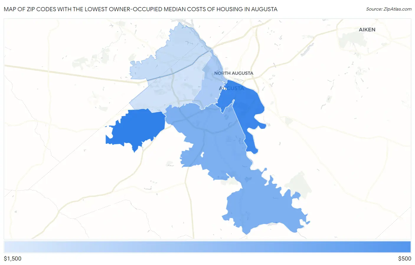 Zip Codes with the Lowest Owner-Occupied Median Costs of Housing in Augusta Map