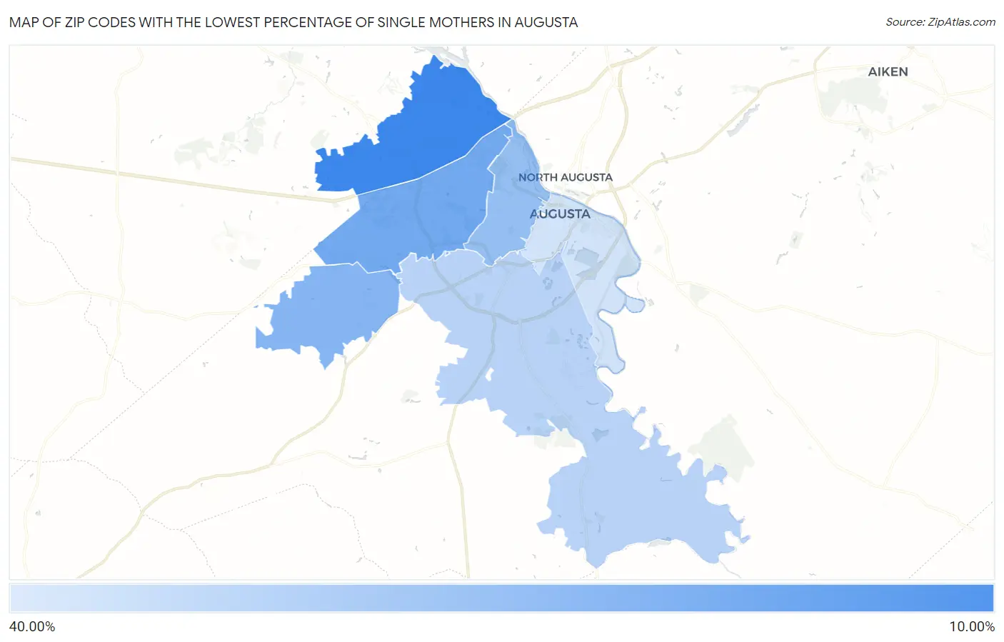 Zip Codes with the Lowest Percentage of Single Mothers in Augusta Map