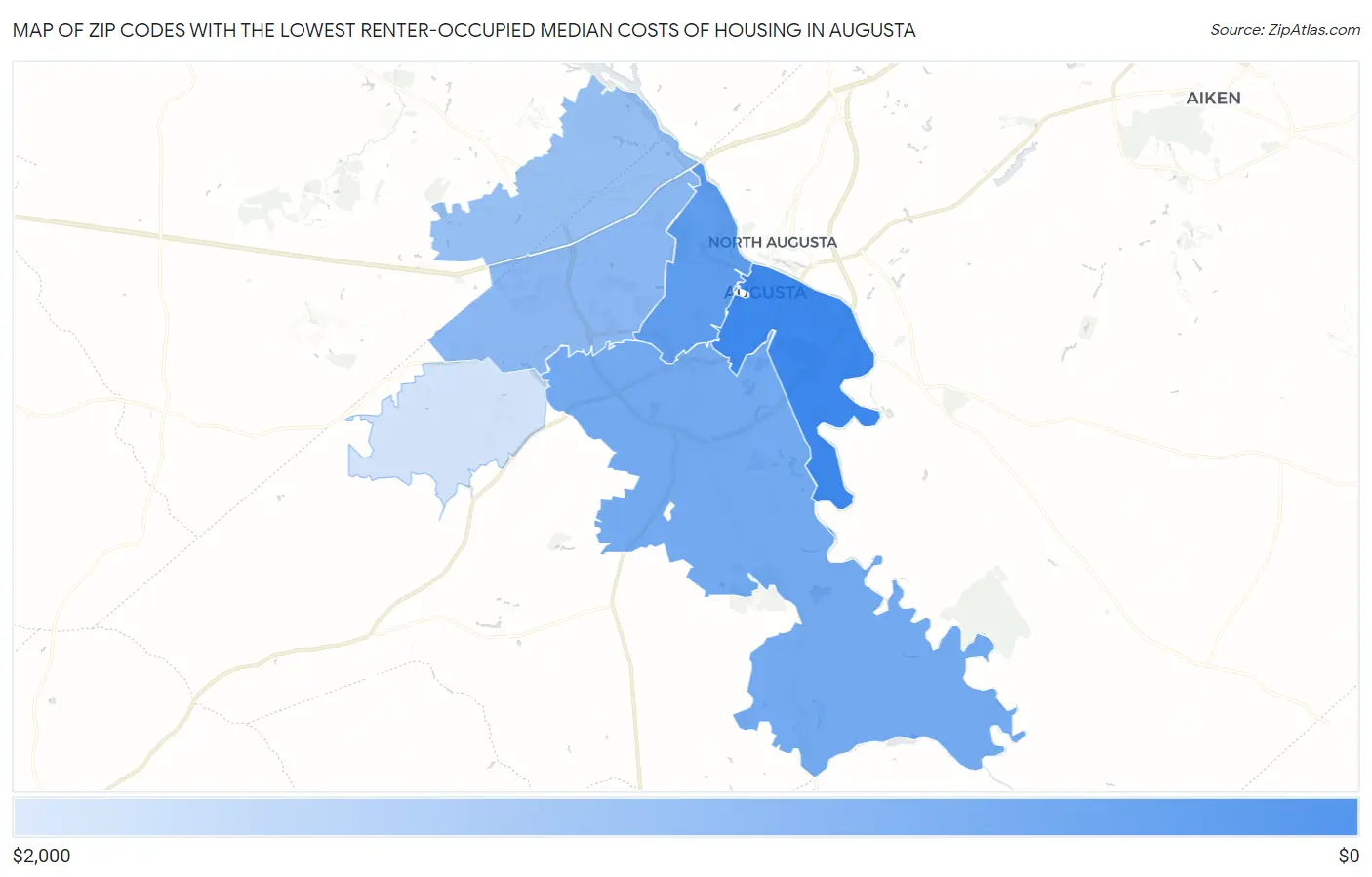 Zip Codes with the Lowest Renter-Occupied Median Costs of Housing in Augusta Map