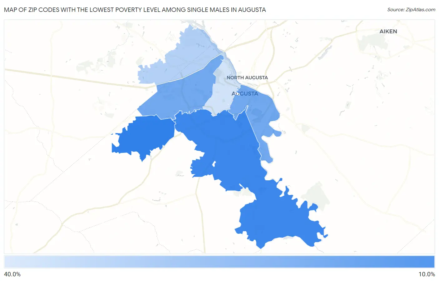 Zip Codes with the Lowest Poverty Level Among Single Males in Augusta Map