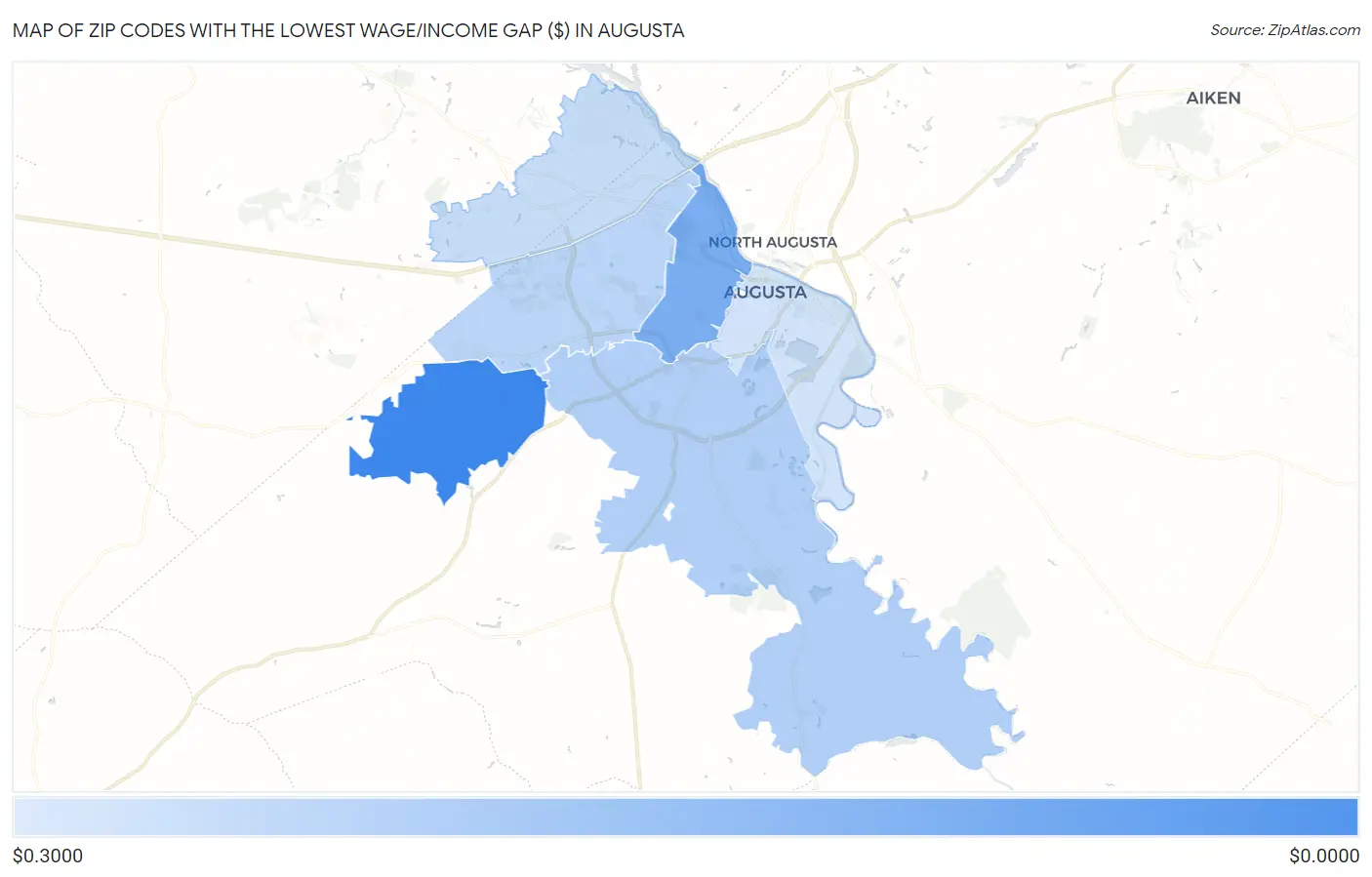 Zip Codes with the Lowest Wage/Income Gap ($) in Augusta Map