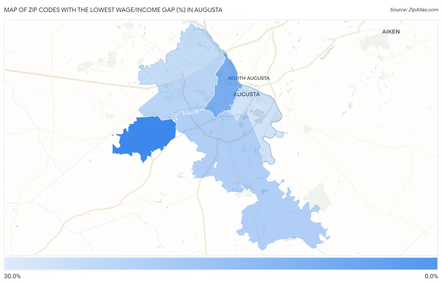 Zip Codes with the Lowest Wage/Income Gap (%) in Augusta Map