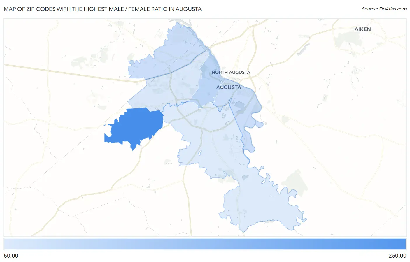 Zip Codes with the Highest Male / Female Ratio in Augusta Map