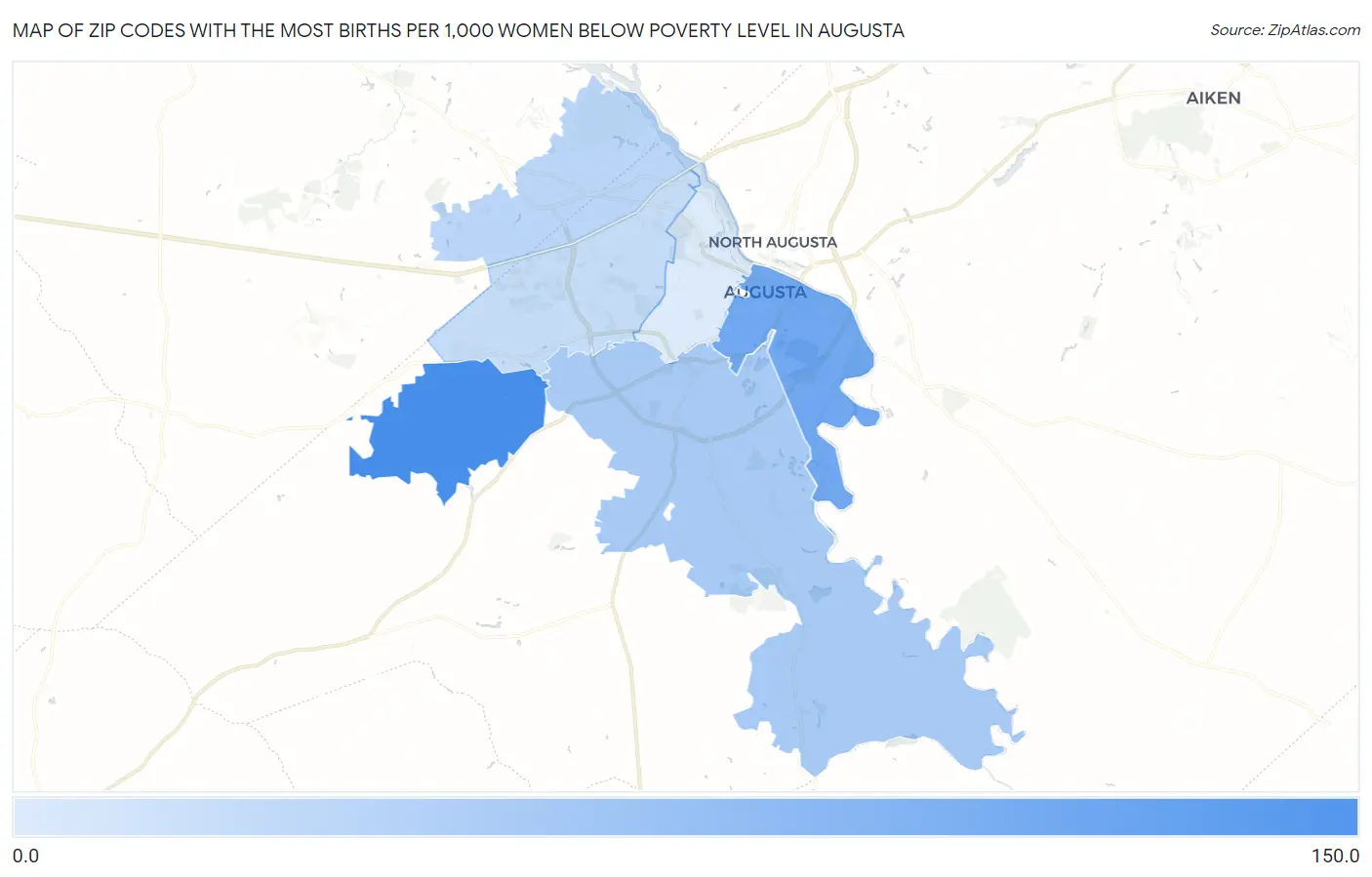 Zip Codes with the Most Births per 1,000 Women Below Poverty Level in Augusta Map