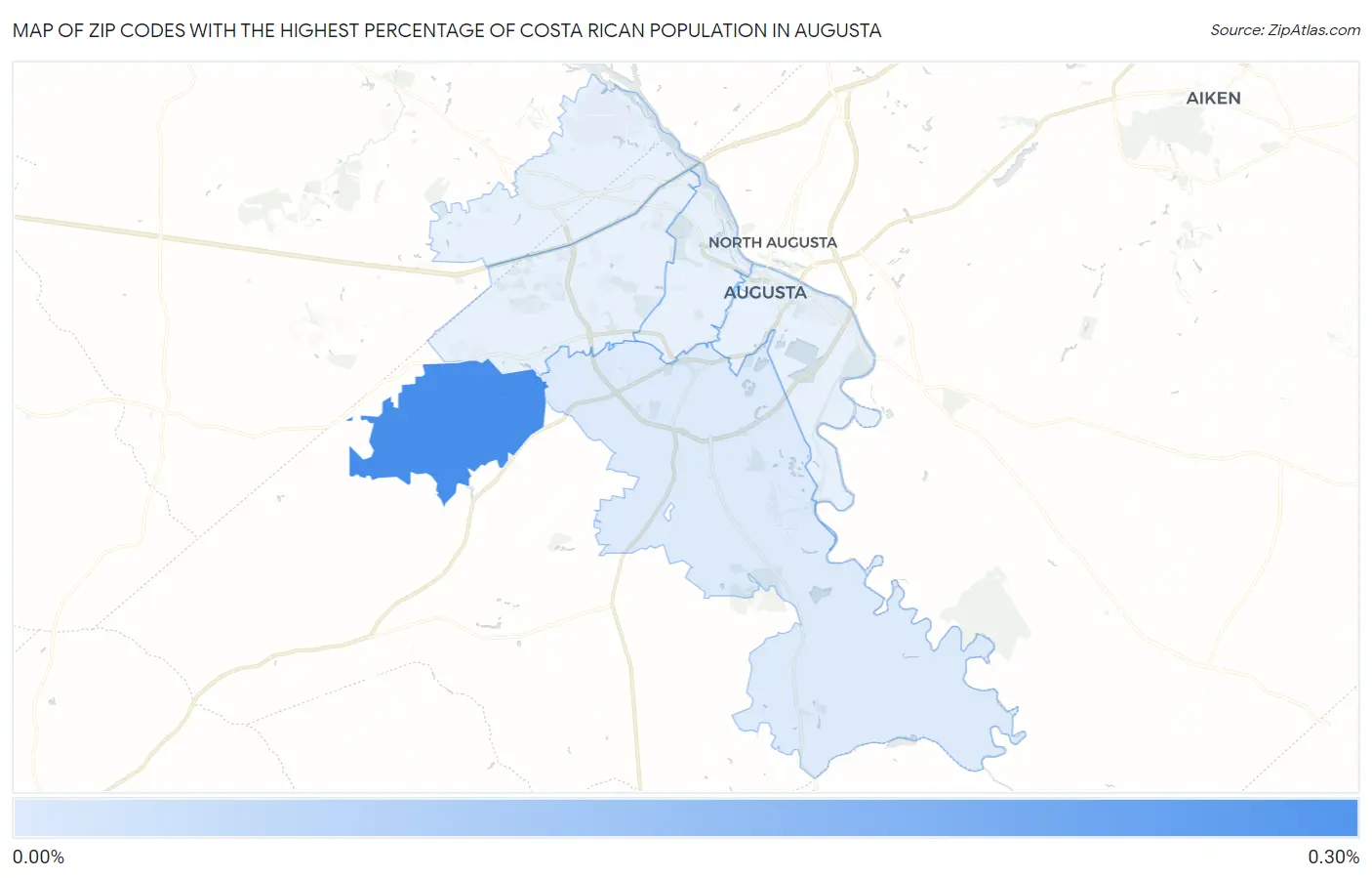 Zip Codes with the Highest Percentage of Costa Rican Population in Augusta Map