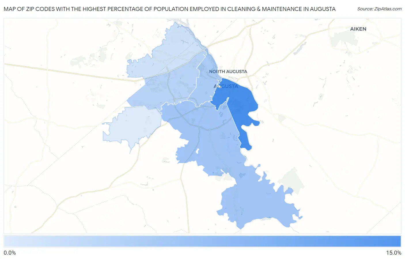 Zip Codes with the Highest Percentage of Population Employed in Cleaning & Maintenance in Augusta Map