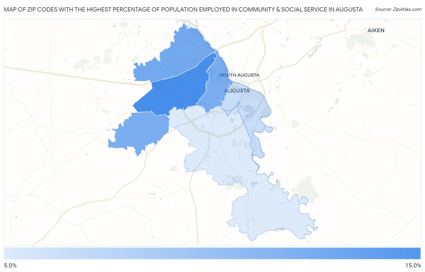 Zip Codes with the Highest Percentage of Population Employed in Community & Social Service  in Augusta Map