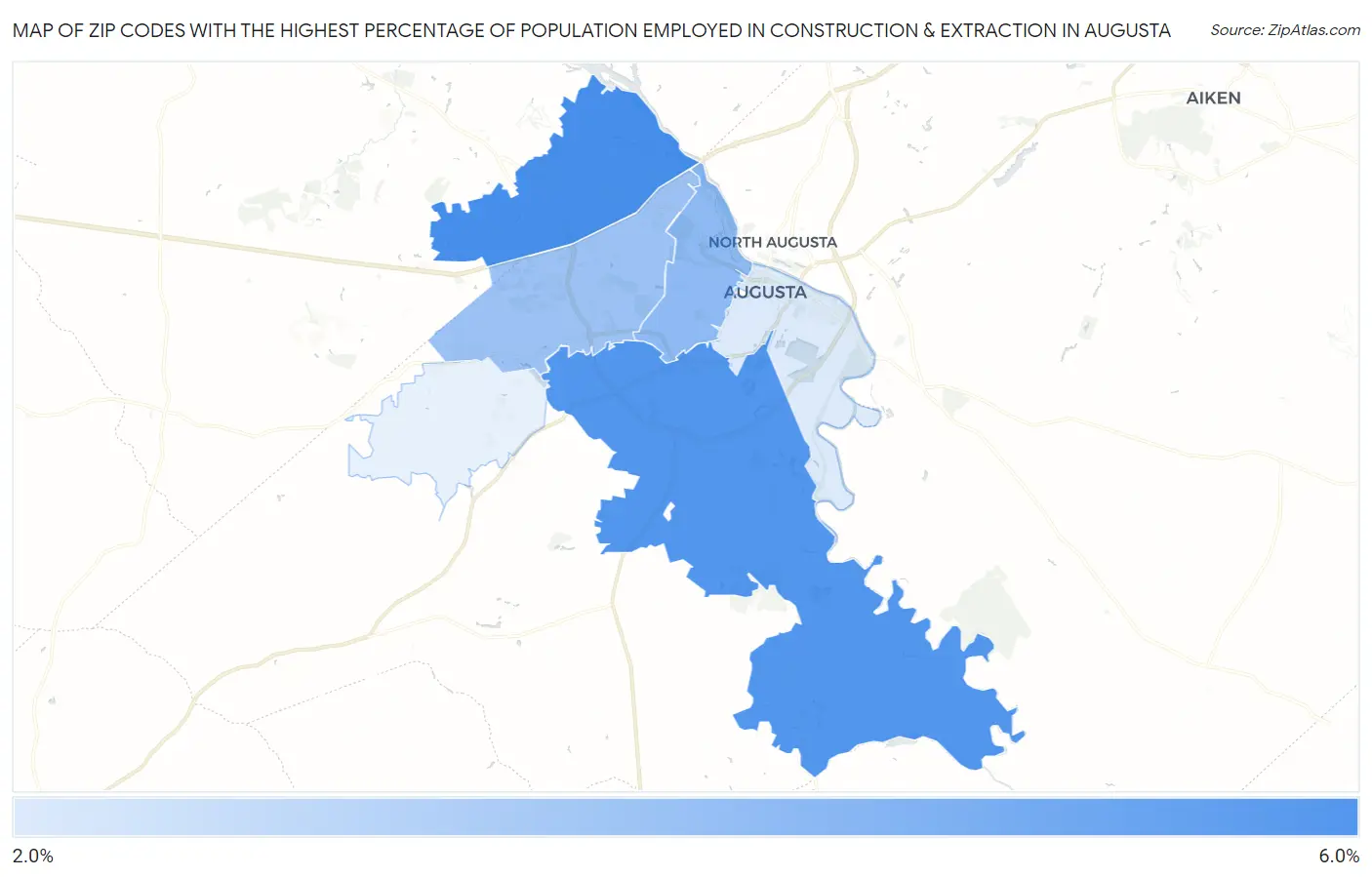 Zip Codes with the Highest Percentage of Population Employed in Construction & Extraction in Augusta Map