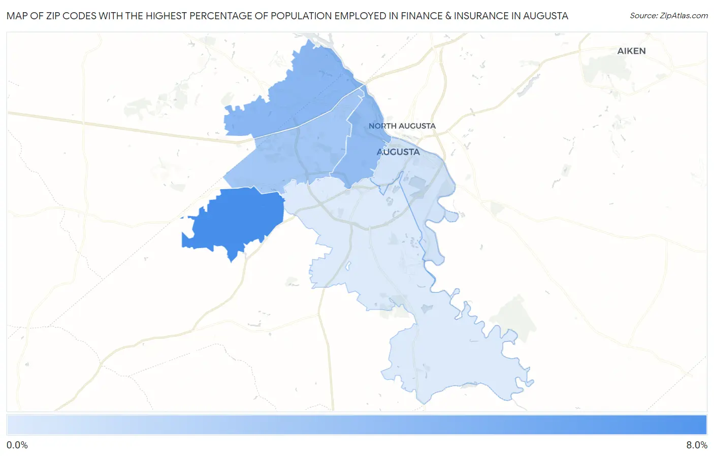 Zip Codes with the Highest Percentage of Population Employed in Finance & Insurance in Augusta Map
