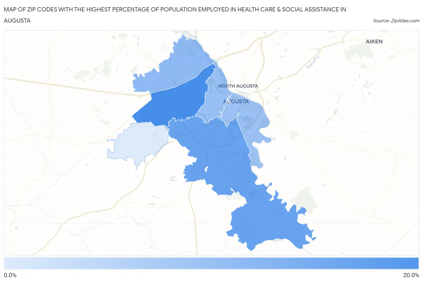Zip Codes with the Highest Percentage of Population Employed in Health Care & Social Assistance in Augusta Map