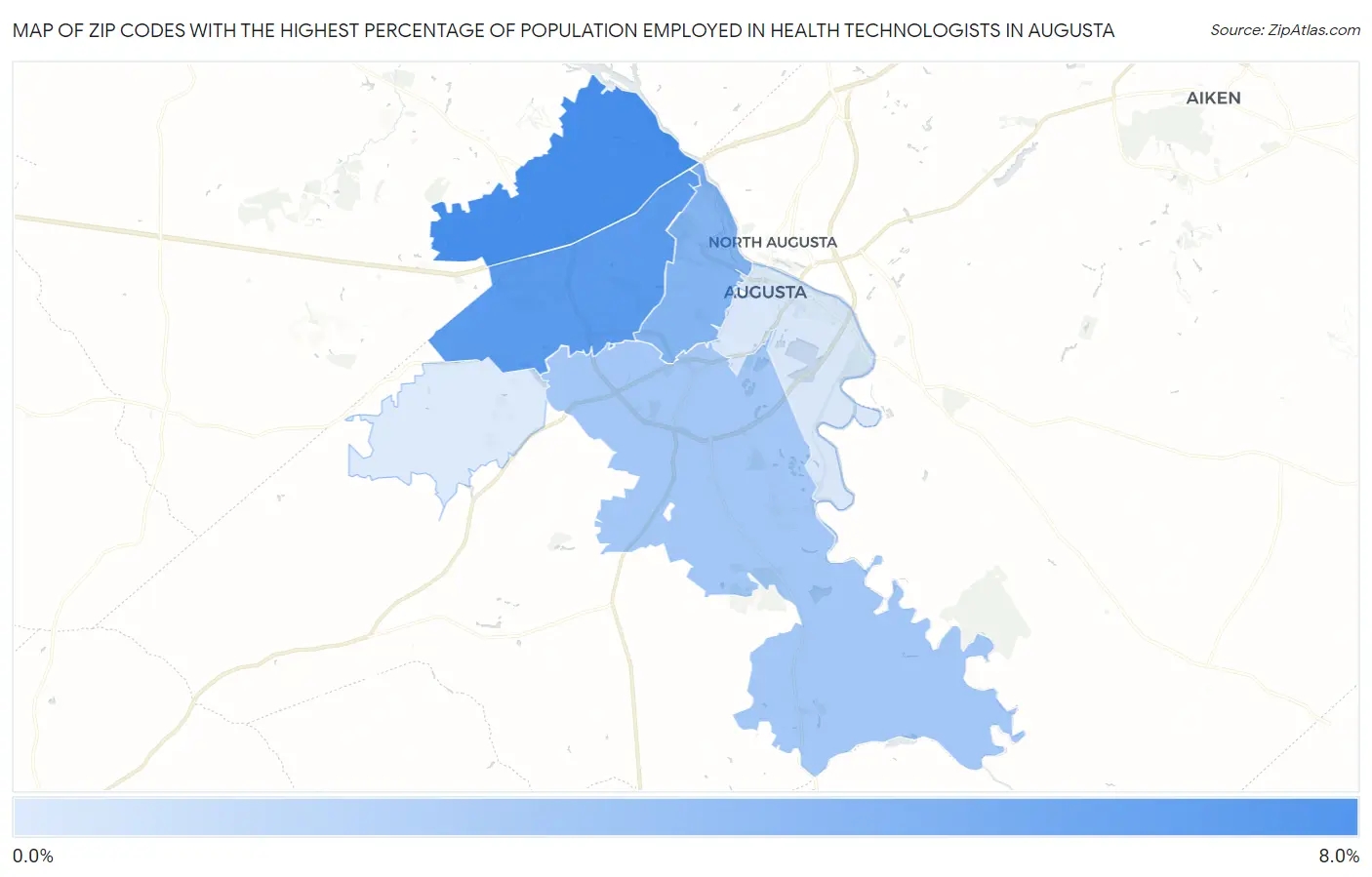 Zip Codes with the Highest Percentage of Population Employed in Health Technologists in Augusta Map
