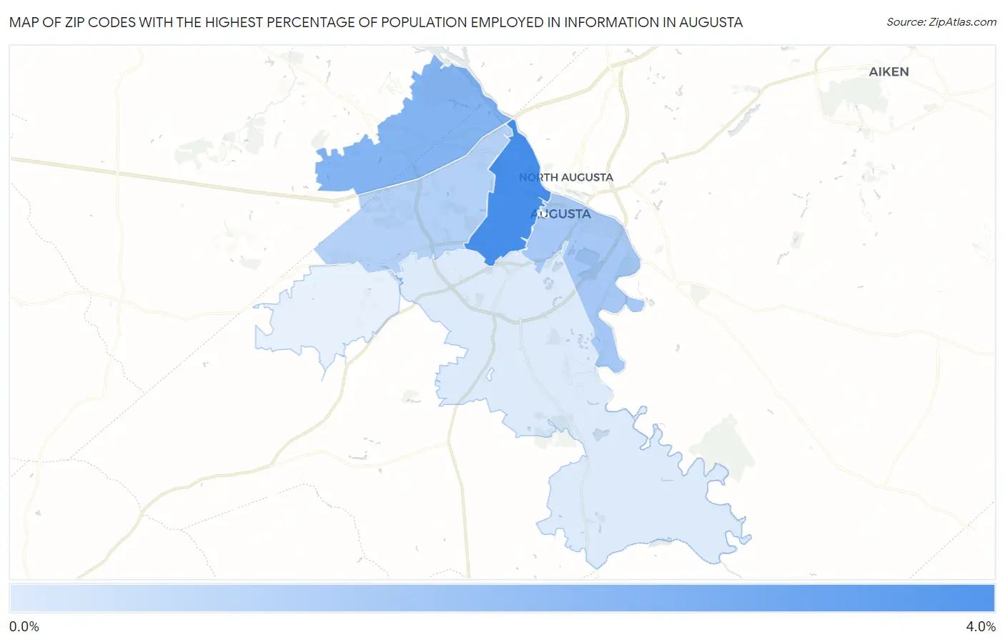 Zip Codes with the Highest Percentage of Population Employed in Information in Augusta Map