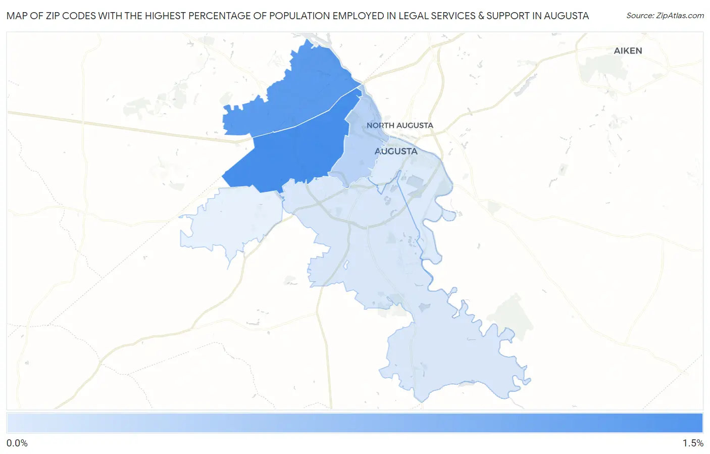 Zip Codes with the Highest Percentage of Population Employed in Legal Services & Support in Augusta Map