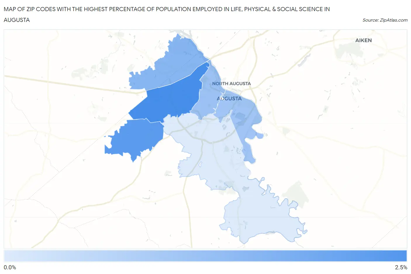 Zip Codes with the Highest Percentage of Population Employed in Life, Physical & Social Science in Augusta Map