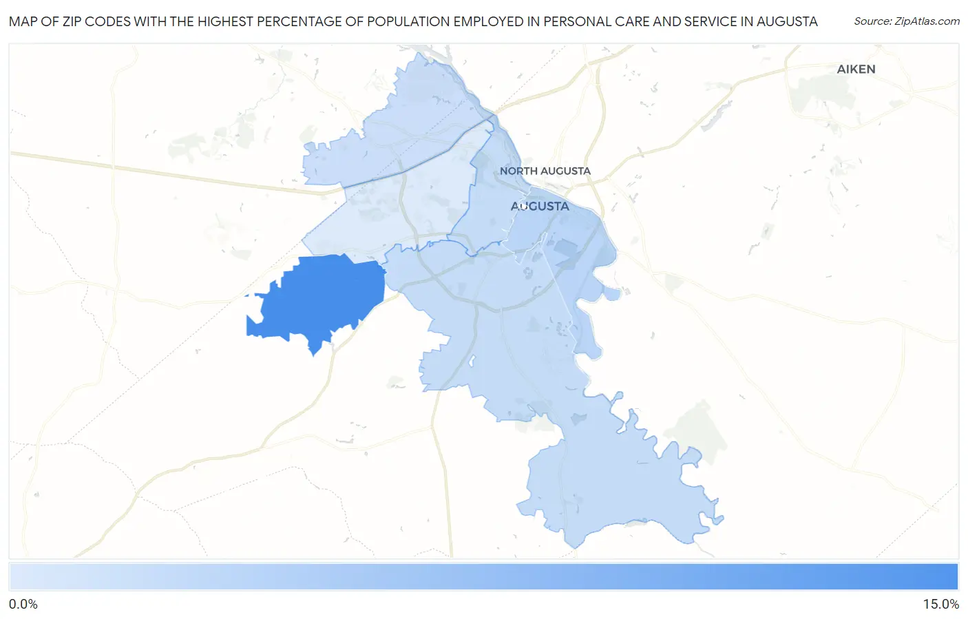Zip Codes with the Highest Percentage of Population Employed in Personal Care and Service in Augusta Map