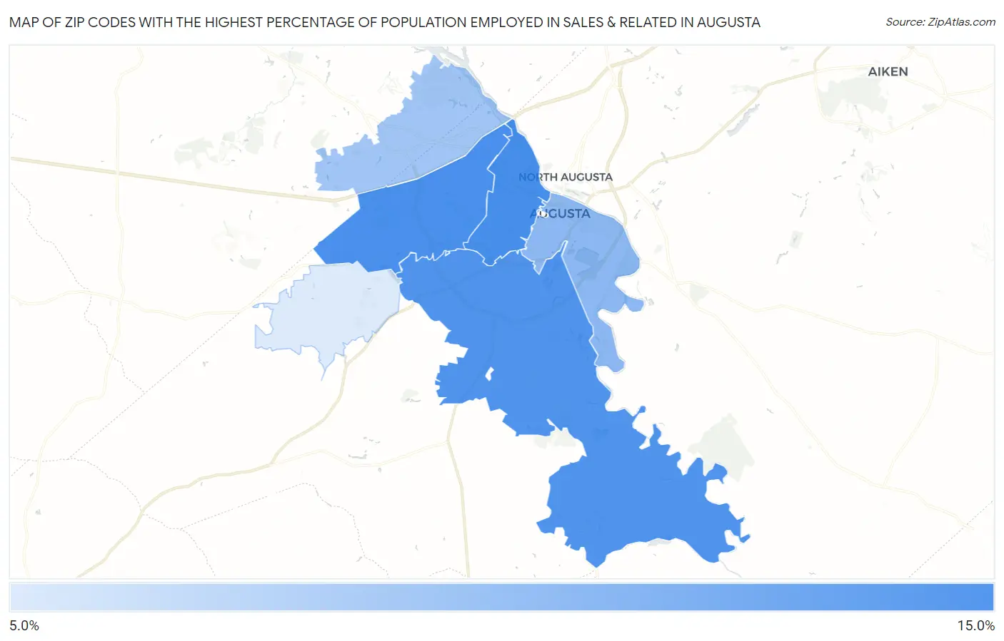 Zip Codes with the Highest Percentage of Population Employed in Sales & Related in Augusta Map